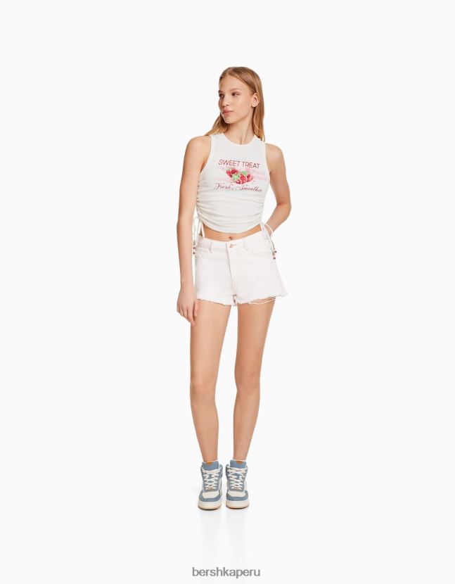 blanquecino Bershka mujer camiseta sin mangas estampada con laterales fruncidos 806J6B632