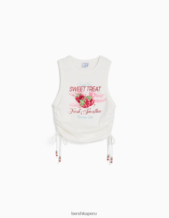 blanquecino Bershka mujer camiseta sin mangas estampada con laterales fruncidos 806J6B632