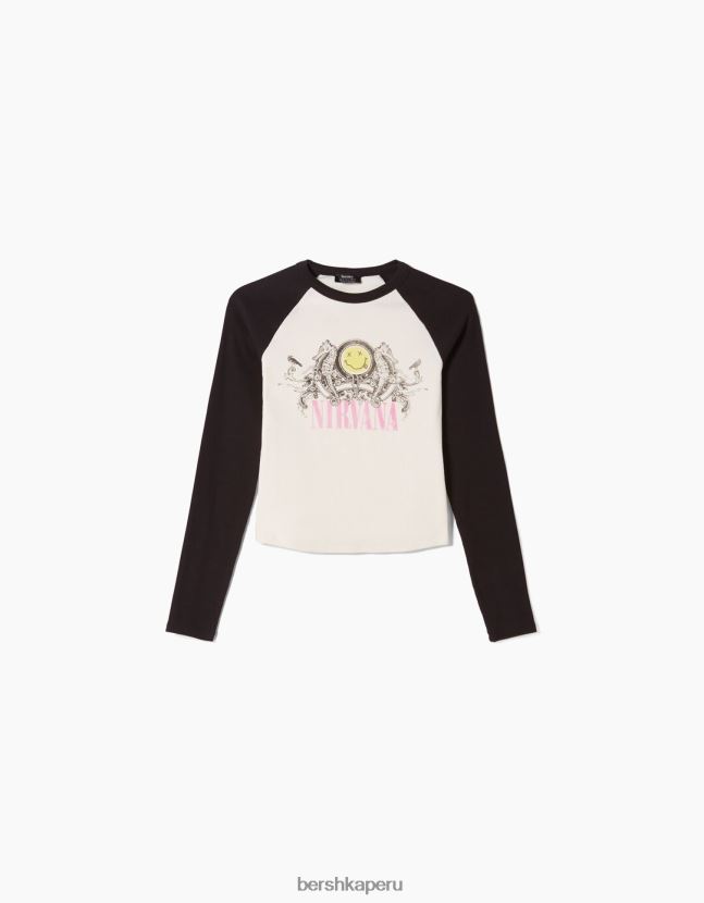 blanquecino Bershka mujer playera de manga larga de canalé con estampado Nirvana 806J6B554