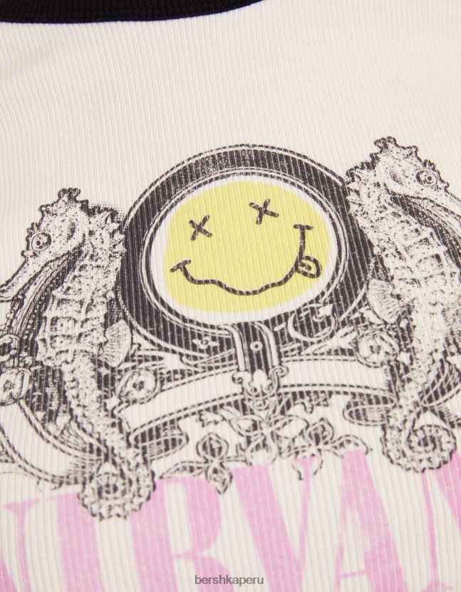 blanquecino Bershka mujer playera de manga larga de canalé con estampado Nirvana 806J6B554