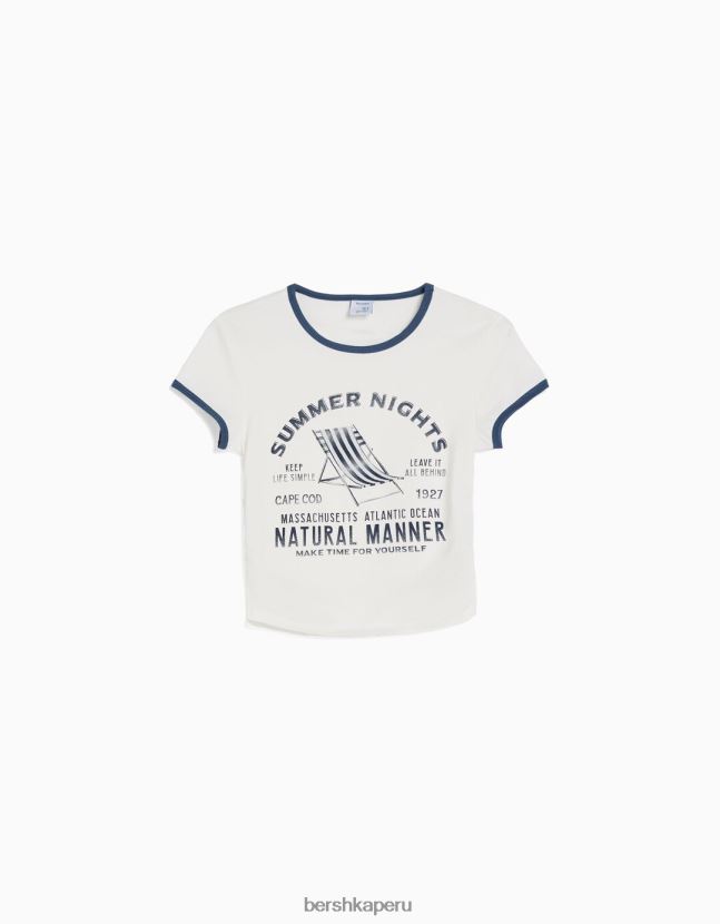 blanquecino Bershka mujer playera manga corta canalé estampada 806J6B462