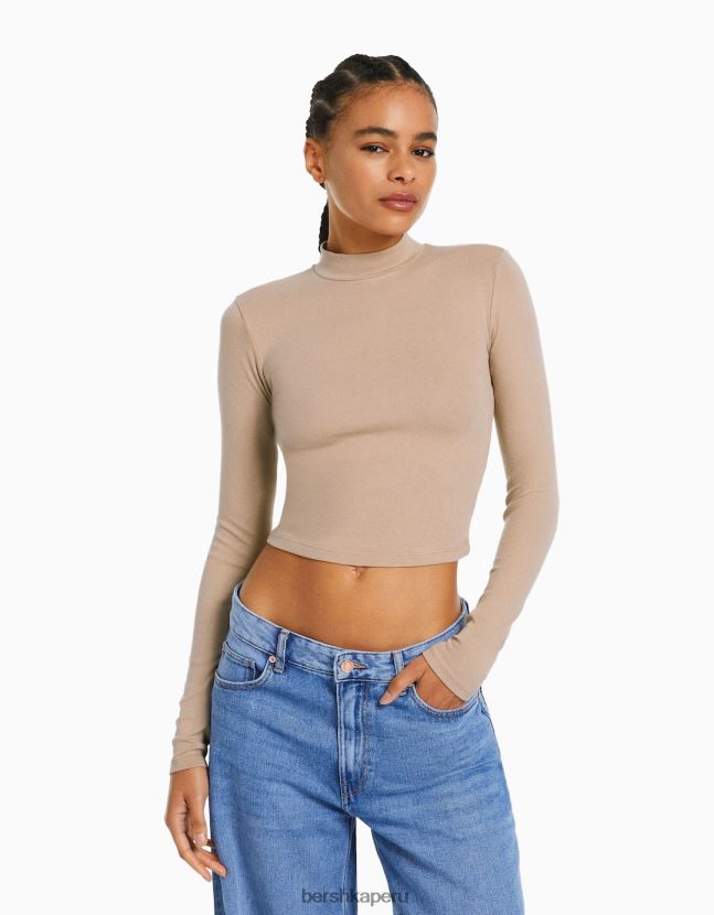 camello Bershka mujer camiseta de manga larga con cuello alto 806J6B411