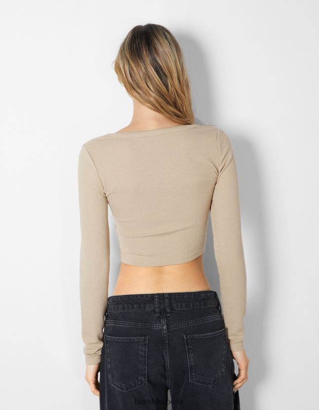 camello Bershka mujer camiseta de manga larga con textura de canalé 806J6B593