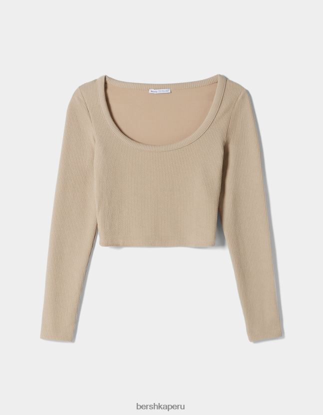 camello Bershka mujer camiseta de manga larga con textura de canalé 806J6B593