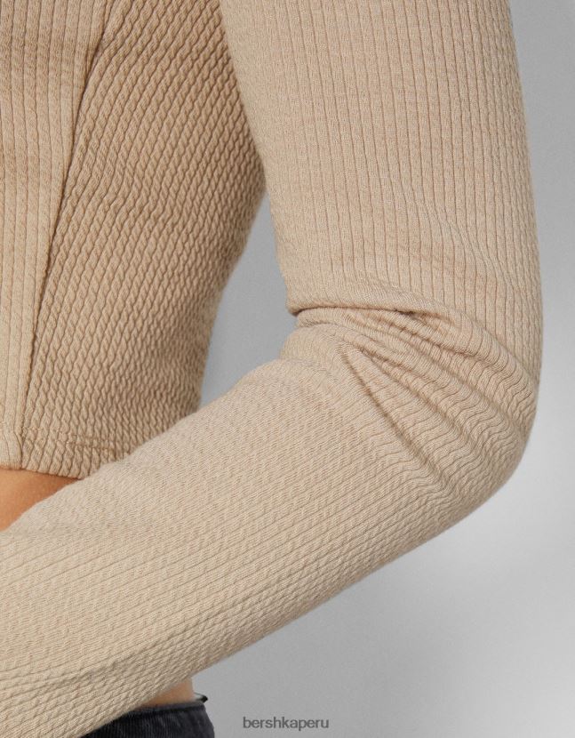 camello Bershka mujer camiseta de manga larga con textura de canalé 806J6B593