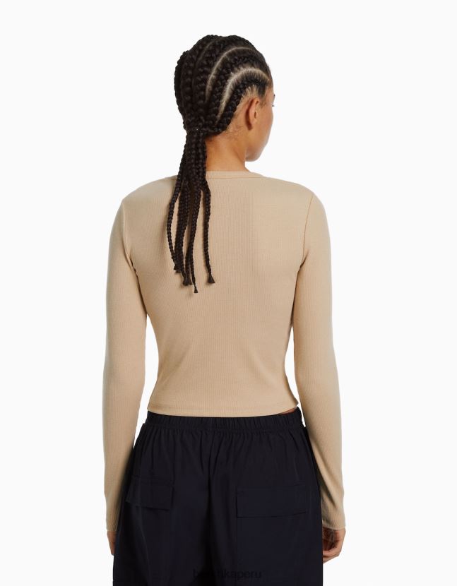 camello Bershka mujer camiseta de manga larga de canalé 806J6B576