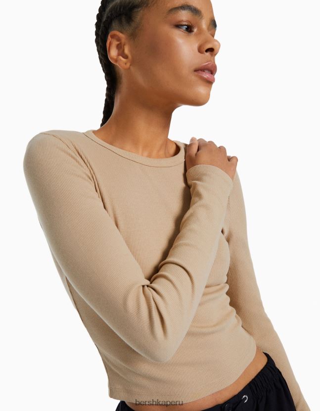 camello Bershka mujer camiseta de manga larga de canalé 806J6B576