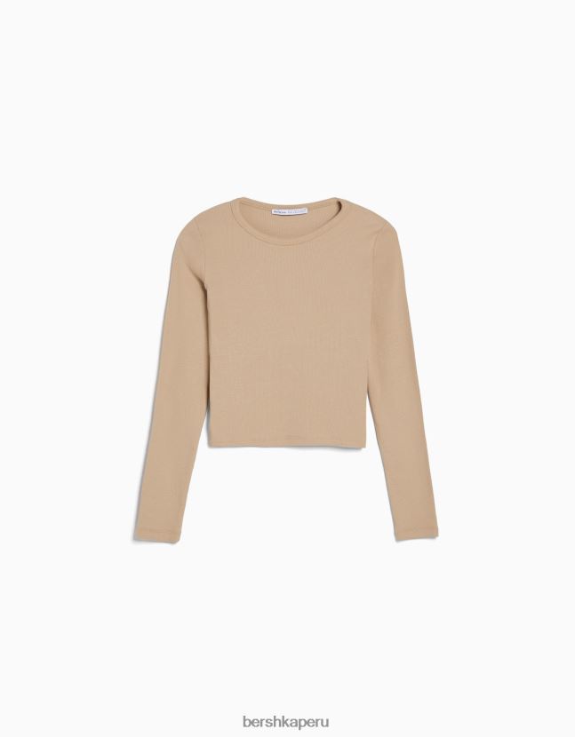 camello Bershka mujer camiseta de manga larga de canalé 806J6B576