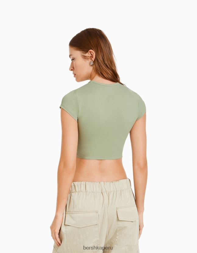 caqui Bershka mujer camiseta de manga corta con detalle 806J6B508