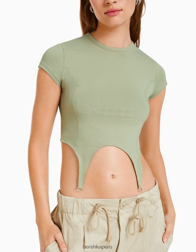 caqui Bershka mujer camiseta de manga corta con detalle 806J6B508
