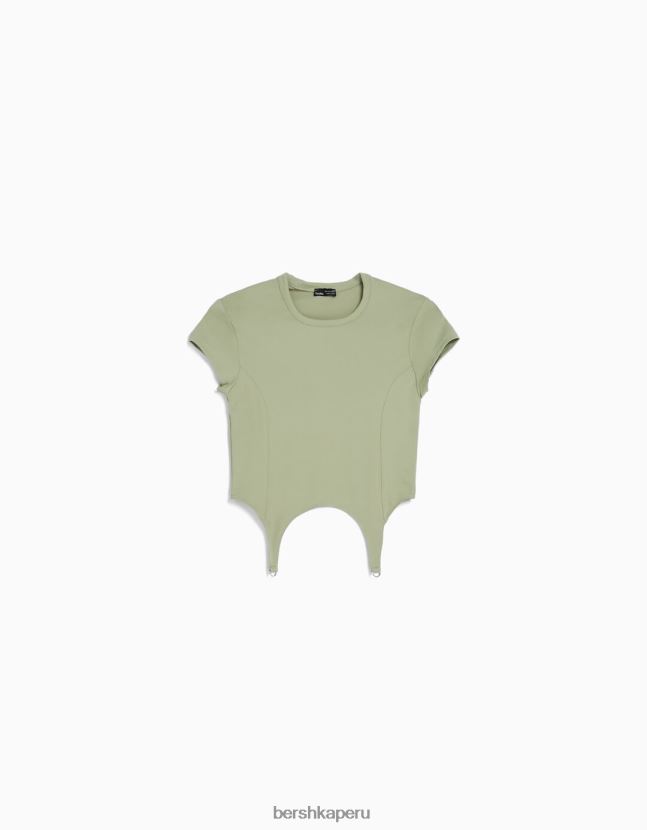 caqui Bershka mujer camiseta de manga corta con detalle 806J6B508