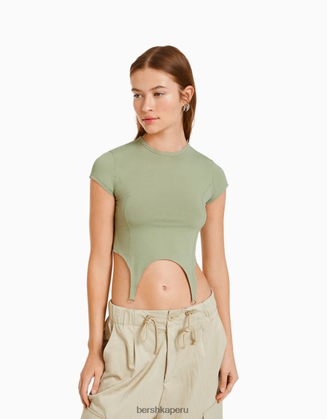 caqui Bershka mujer camiseta de manga corta con detalle 806J6B510