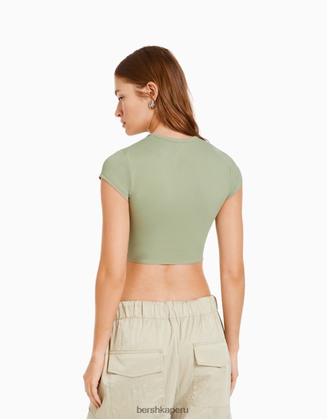 caqui Bershka mujer camiseta de manga corta con detalle 806J6B510