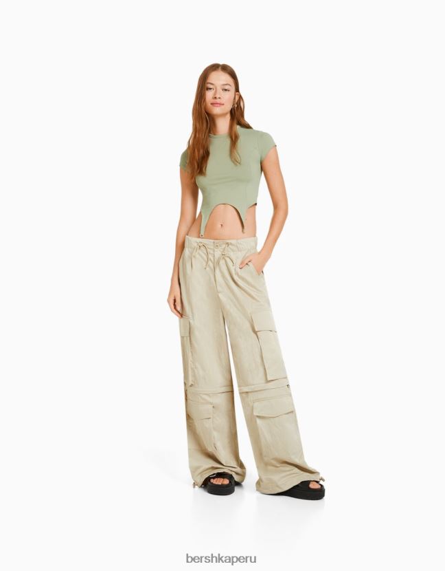 caqui Bershka mujer camiseta de manga corta con detalle 806J6B510
