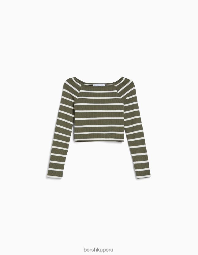 caqui Bershka mujer camiseta de manga larga a rayas con cuello barco 806J6B517
