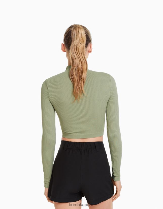 caqui Bershka mujer camiseta de manga larga sin costuras con cremallera 806J6B533