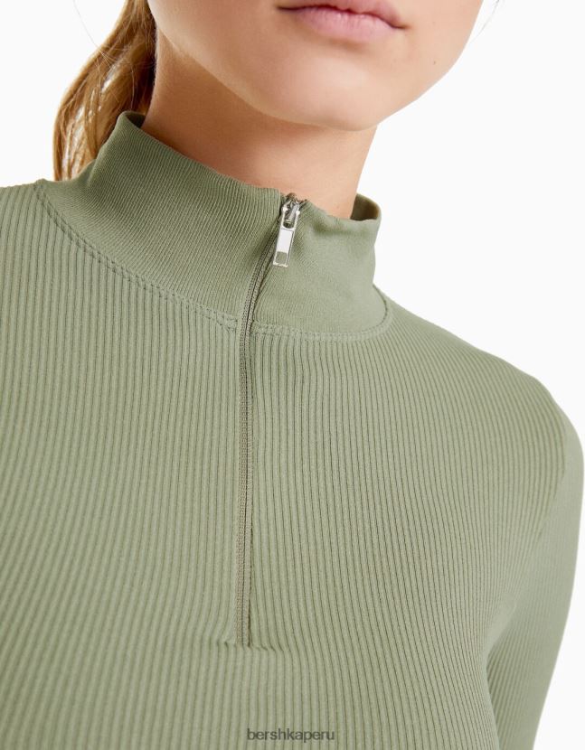 caqui Bershka mujer camiseta de manga larga sin costuras con cremallera 806J6B533