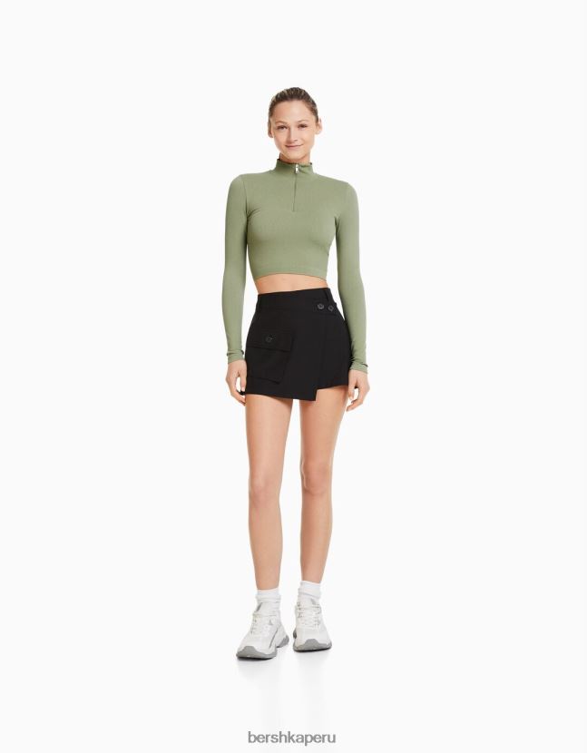 caqui Bershka mujer camiseta de manga larga sin costuras con cremallera 806J6B533