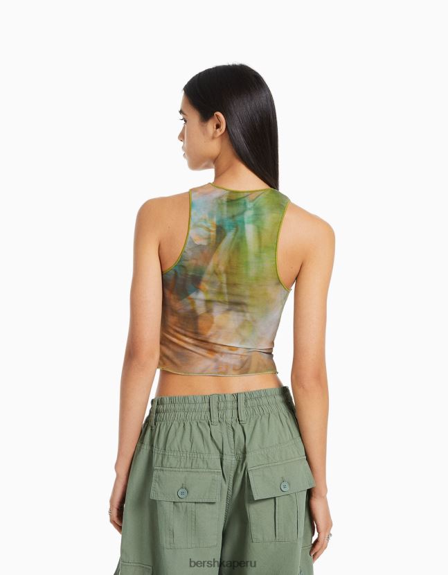 caqui Bershka mujer camiseta de tul estampada sin mangas 806J6B303