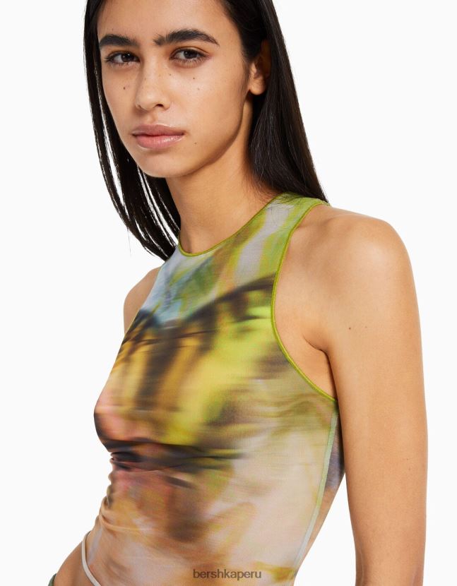 caqui Bershka mujer camiseta de tul estampada sin mangas 806J6B303