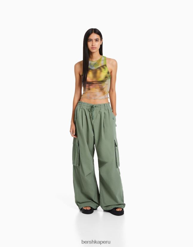 caqui Bershka mujer camiseta de tul estampada sin mangas 806J6B303