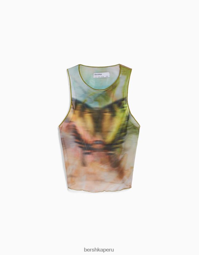 caqui Bershka mujer camiseta de tul estampada sin mangas 806J6B303