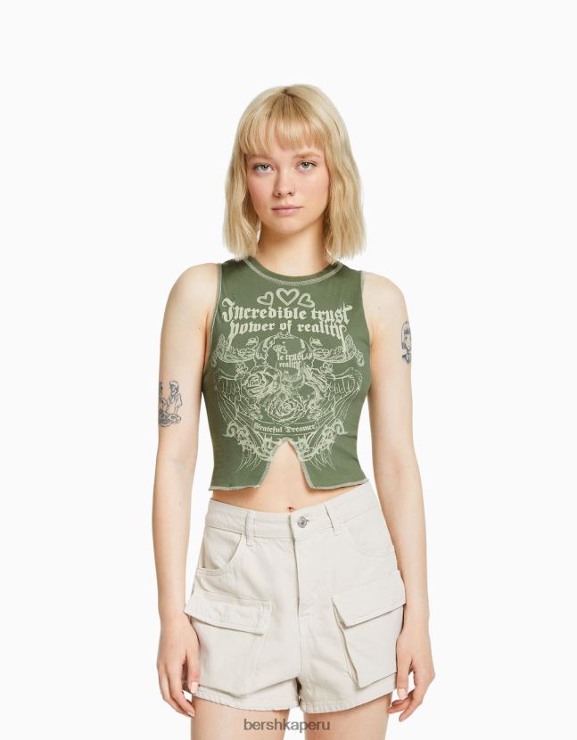 caqui Bershka mujer camiseta sin mangas con pespuntes y estampado en contraste 806J6B584