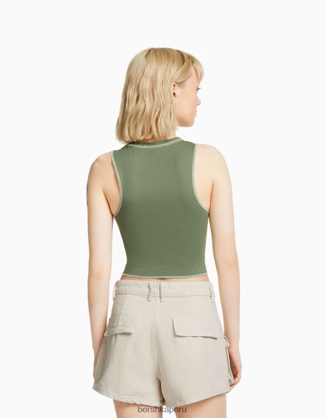 caqui Bershka mujer camiseta sin mangas con pespuntes y estampado en contraste 806J6B584