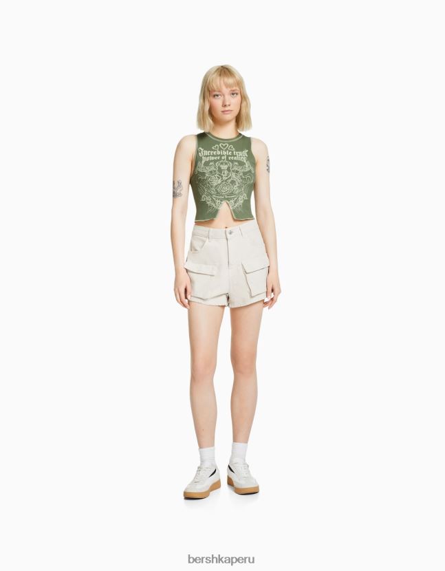 caqui Bershka mujer camiseta sin mangas con pespuntes y estampado en contraste 806J6B584