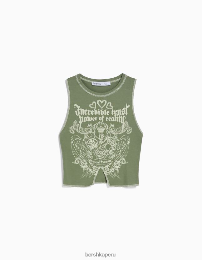 caqui Bershka mujer camiseta sin mangas con pespuntes y estampado en contraste 806J6B584