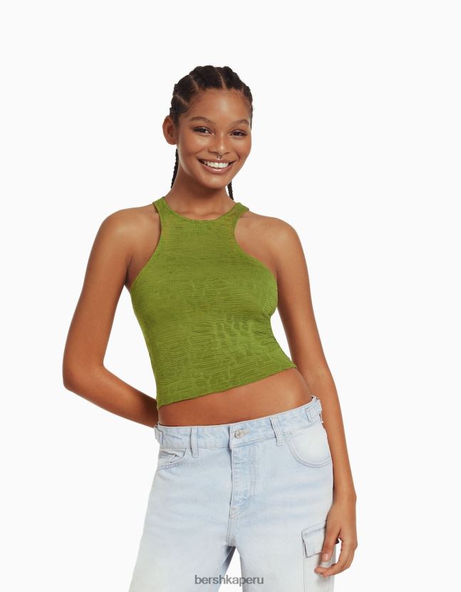 caqui Bershka mujer camiseta sin mangas texturizada con cuello de nadador 806J6B375