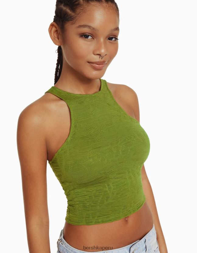 caqui Bershka mujer camiseta sin mangas texturizada con cuello de nadador 806J6B375