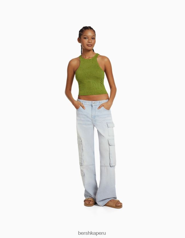 caqui Bershka mujer camiseta sin mangas texturizada con cuello de nadador 806J6B375
