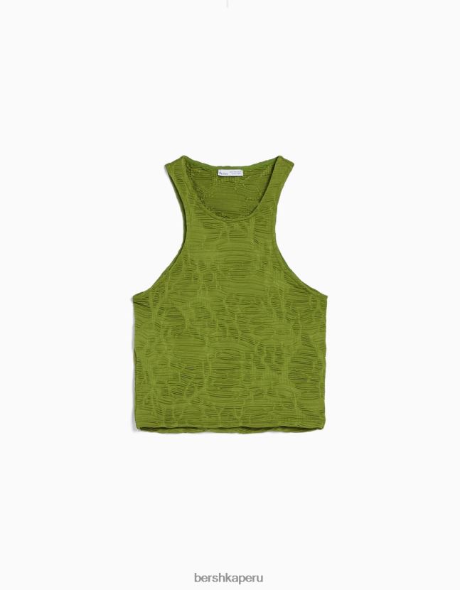 caqui Bershka mujer camiseta sin mangas texturizada con cuello de nadador 806J6B375