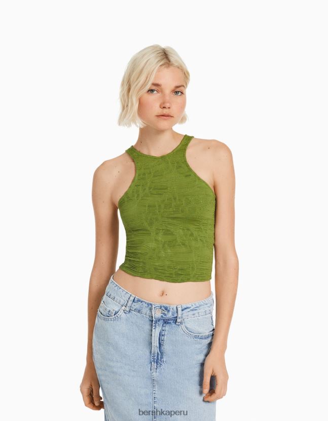caqui Bershka mujer camiseta sin mangas texturizada con cuello de nadador 806J6B377