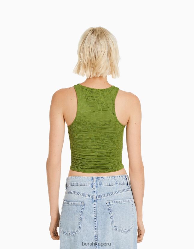 caqui Bershka mujer camiseta sin mangas texturizada con cuello de nadador 806J6B377