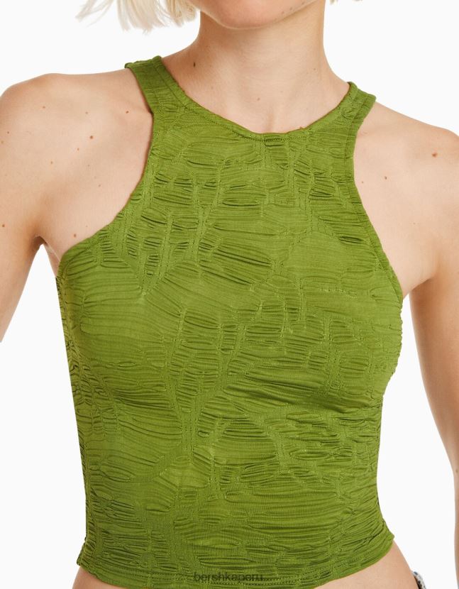 caqui Bershka mujer camiseta sin mangas texturizada con cuello de nadador 806J6B377