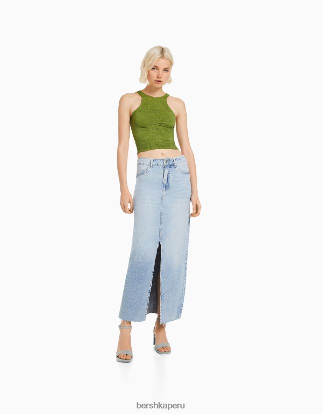 caqui Bershka mujer camiseta sin mangas texturizada con cuello de nadador 806J6B377