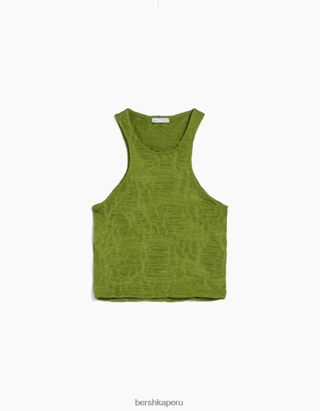 caqui Bershka mujer camiseta sin mangas texturizada con cuello de nadador 806J6B377