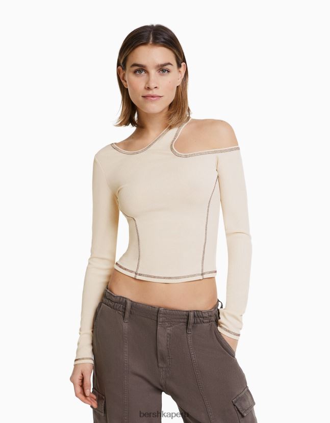 crema Bershka mujer camiseta ajustada de manga larga con hilo en contraste 806J6B374