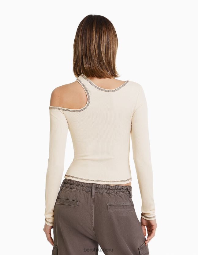 crema Bershka mujer camiseta ajustada de manga larga con hilo en contraste 806J6B374