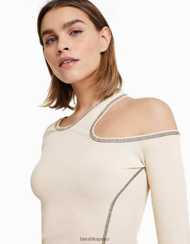 crema Bershka mujer camiseta ajustada de manga larga con hilo en contraste 806J6B374