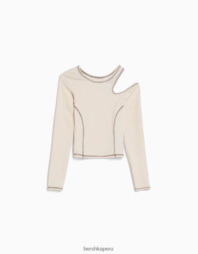 crema Bershka mujer camiseta ajustada de manga larga con hilo en contraste 806J6B374