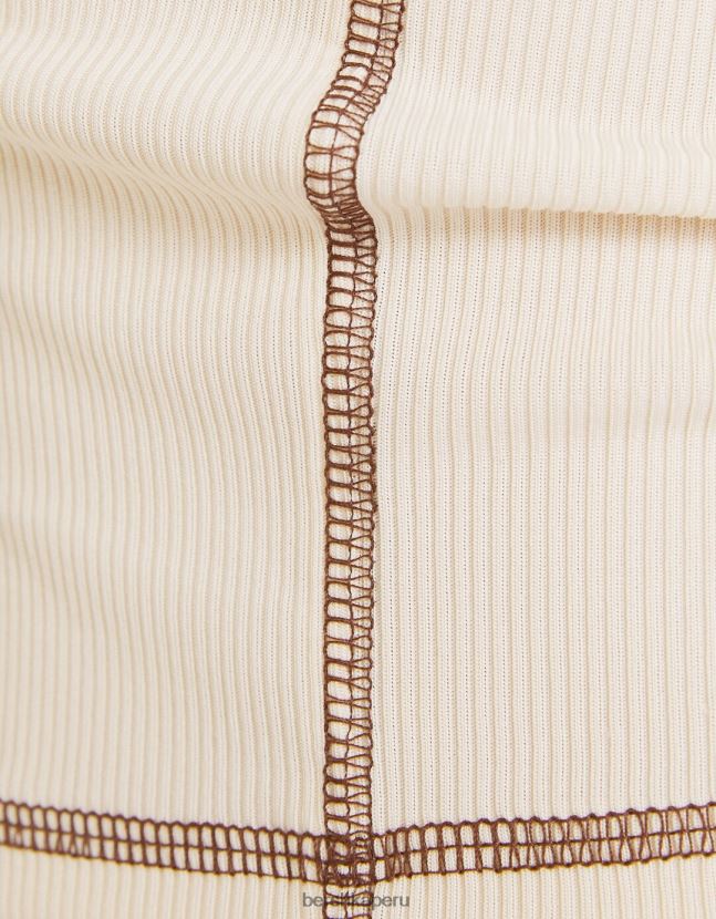 crema Bershka mujer camiseta ajustada de manga larga con hilo en contraste 806J6B374