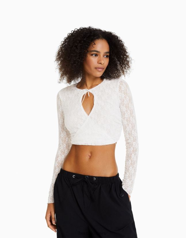 crema Bershka mujer camiseta blonda de manga larga con escote cruzado 806J6B502