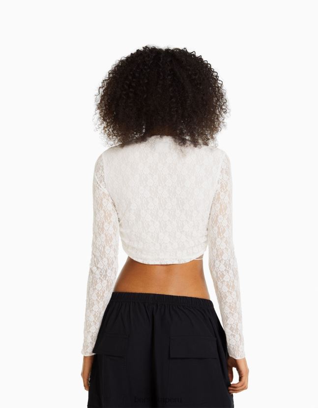 crema Bershka mujer camiseta blonda de manga larga con escote cruzado 806J6B502