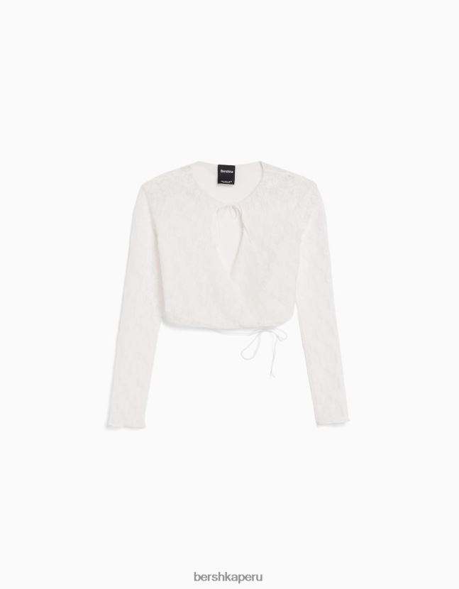 crema Bershka mujer camiseta blonda de manga larga con escote cruzado 806J6B502