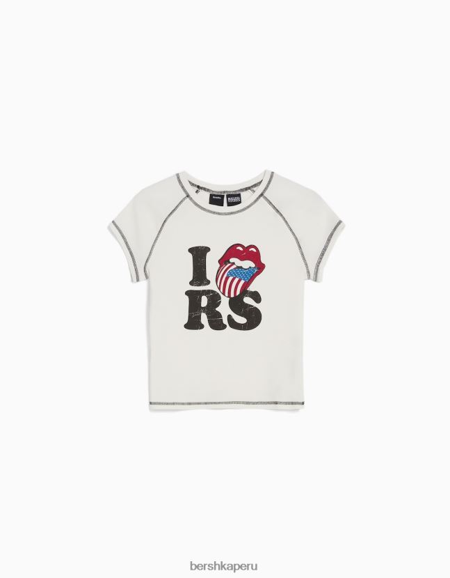 crema Bershka mujer camiseta de canalé de manga corta con estampado de piedras rodantes 806J6B513