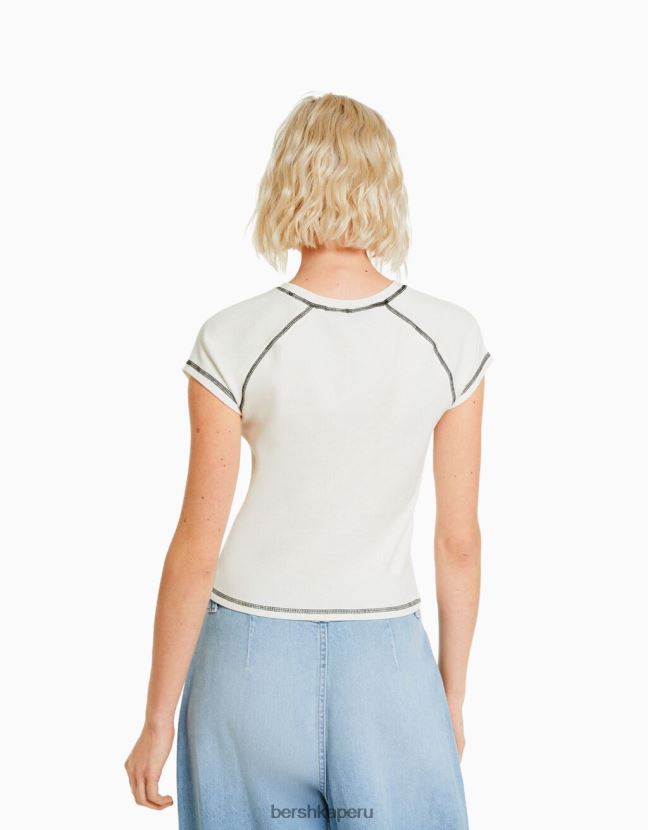 crema Bershka mujer camiseta de canalé de manga corta con estampado de piedras rodantes 806J6B514