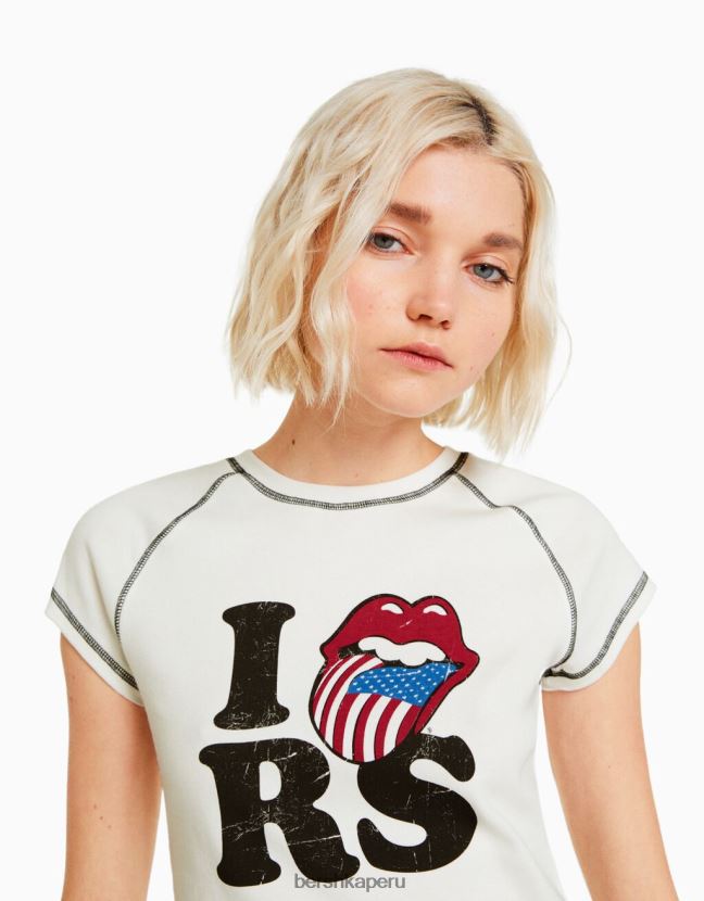 crema Bershka mujer camiseta de canalé de manga corta con estampado de piedras rodantes 806J6B514